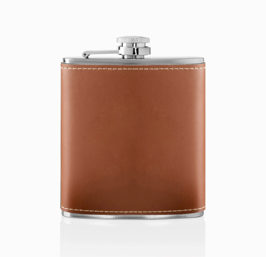 Stainless Steel Brown Leather Flask Set