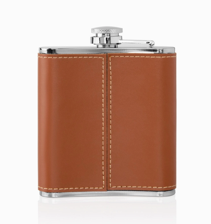 Stainless Steel Brown Leather Flask Set