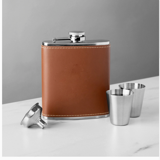 Stainless Steel Brown Leather Flask Set